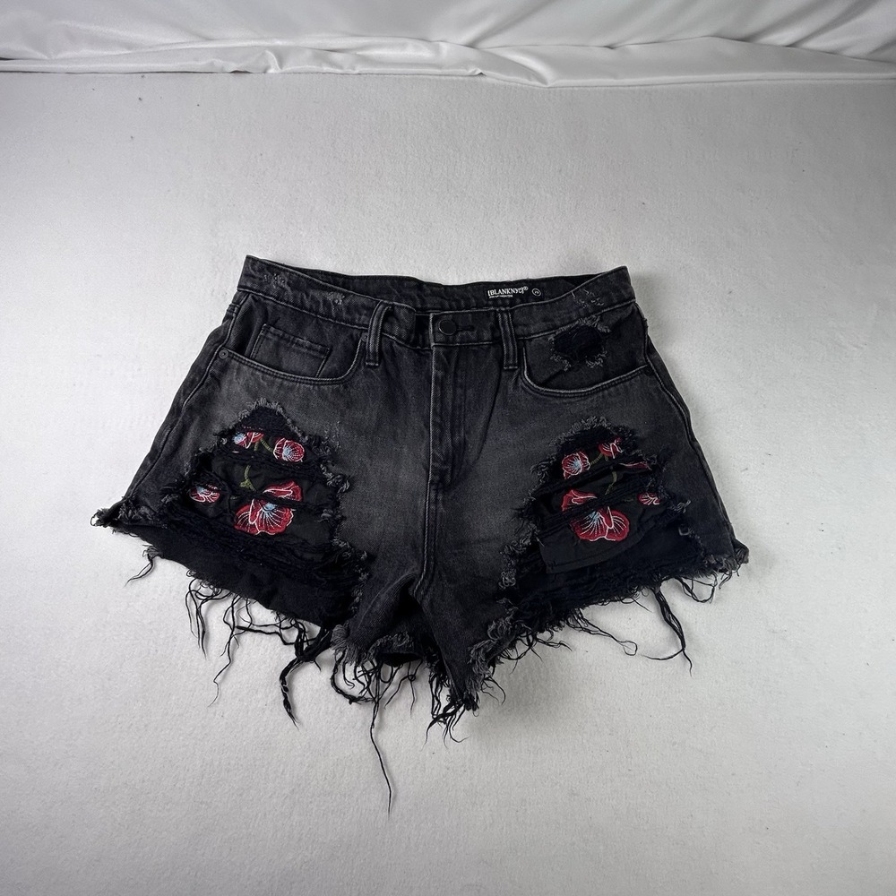 Blank NYC Women's 29 Pin Up High Rise Black Denim Shorts Embroidered Floral